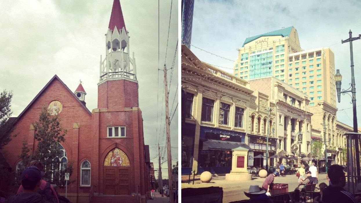 A church. Right: A street.