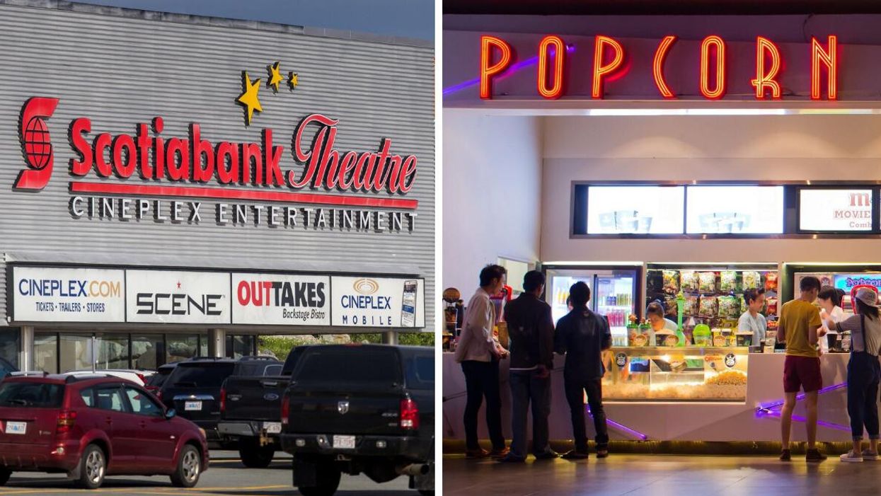 A Cineplex movie theatre. Right: A movie theatre concession stand.