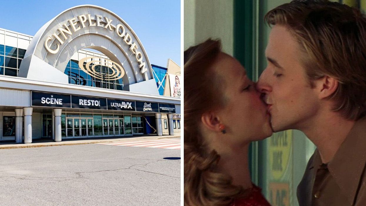 A Cineplex sign. Right: A Scene from The Notebook.