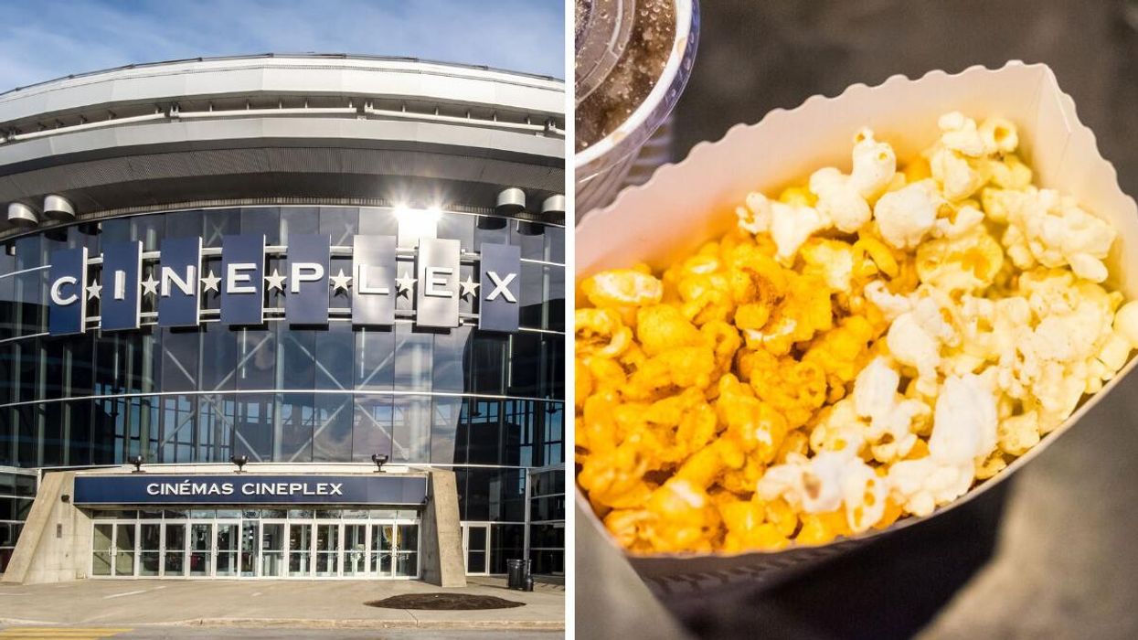 A Cineplex theatre. Right: A bag of popcorn.