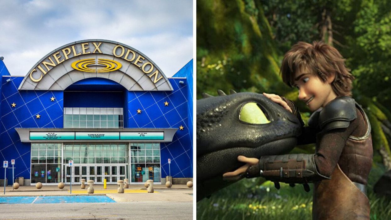 A Cineplex theatre. Right: A clip from How To Train Your Dragon: The Hidden World.