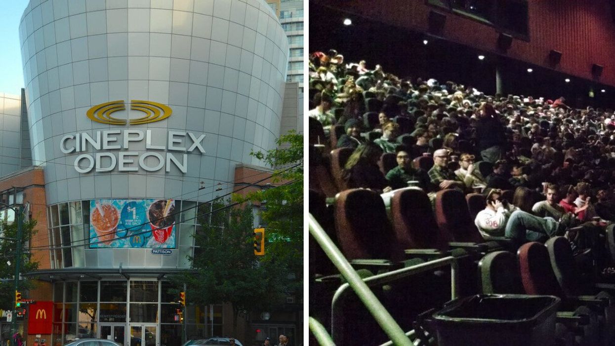 A Cineplex theatre. Right: A crowded movie theatre.