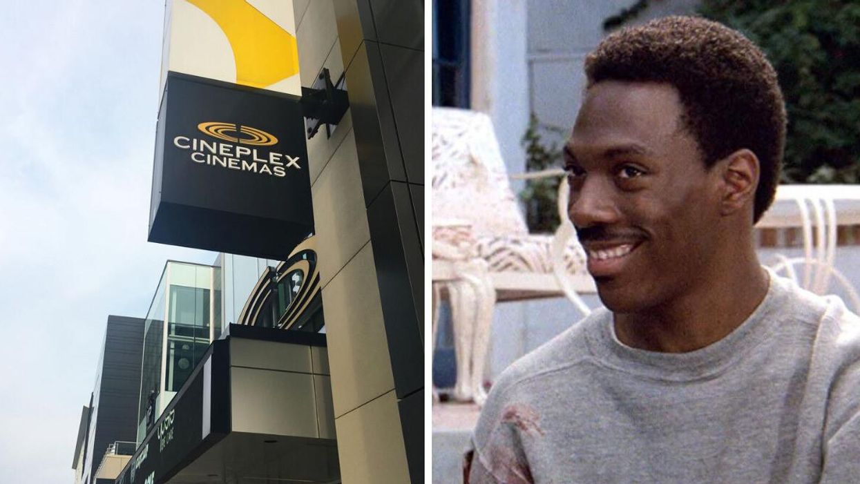 A Cineplex theatre sign. Right: Eddie Murphy in 'Beverley Hills Cop'.