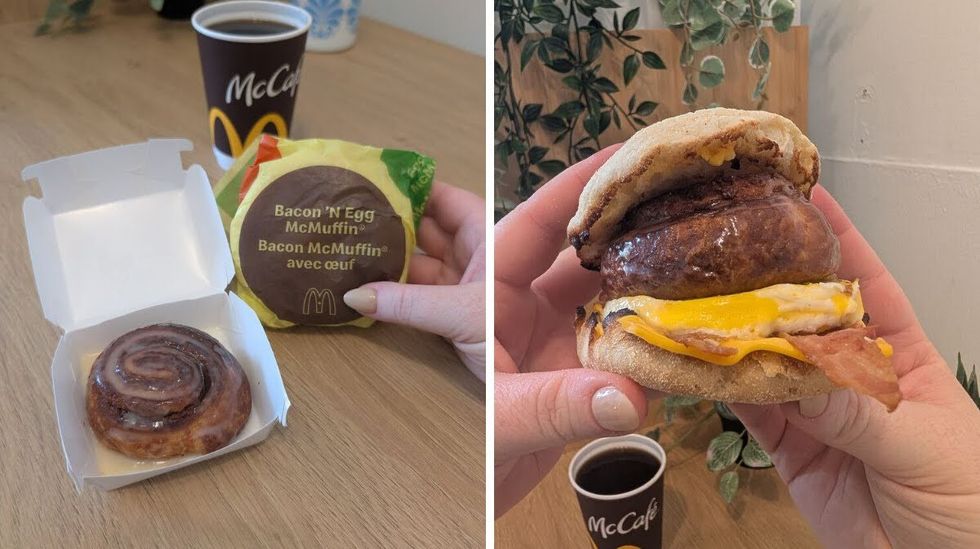 A cinnamon swirl in a box, a wrapped Bacon 'N Egg McMuffin, and a coffee. Right: A breakfast sandwich with bacon, egg, cheese and a cinnamon swirl inside. 
