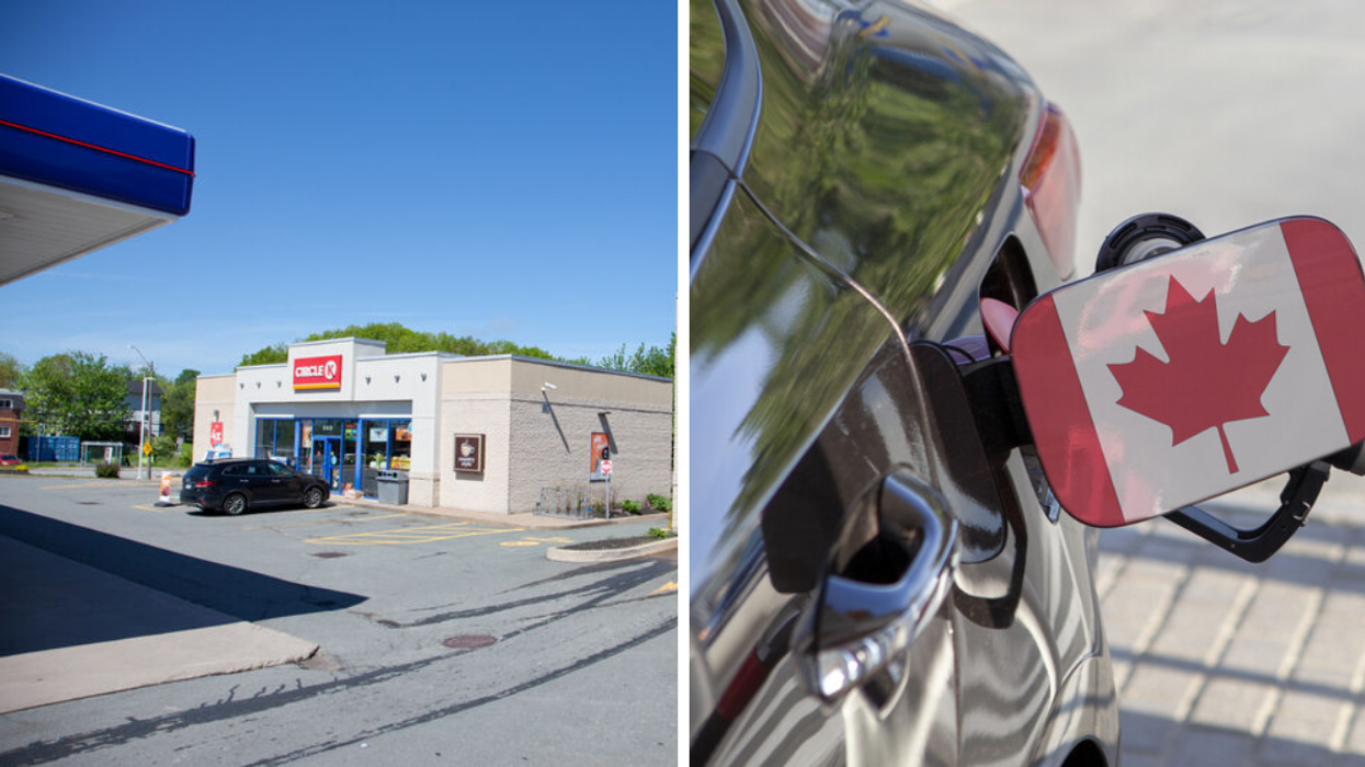 A Circle K convenience store in Canada. Right: A car at a petrol pump.