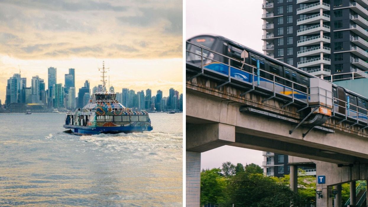 A city and a ferry on the water. Right: A train in a city.