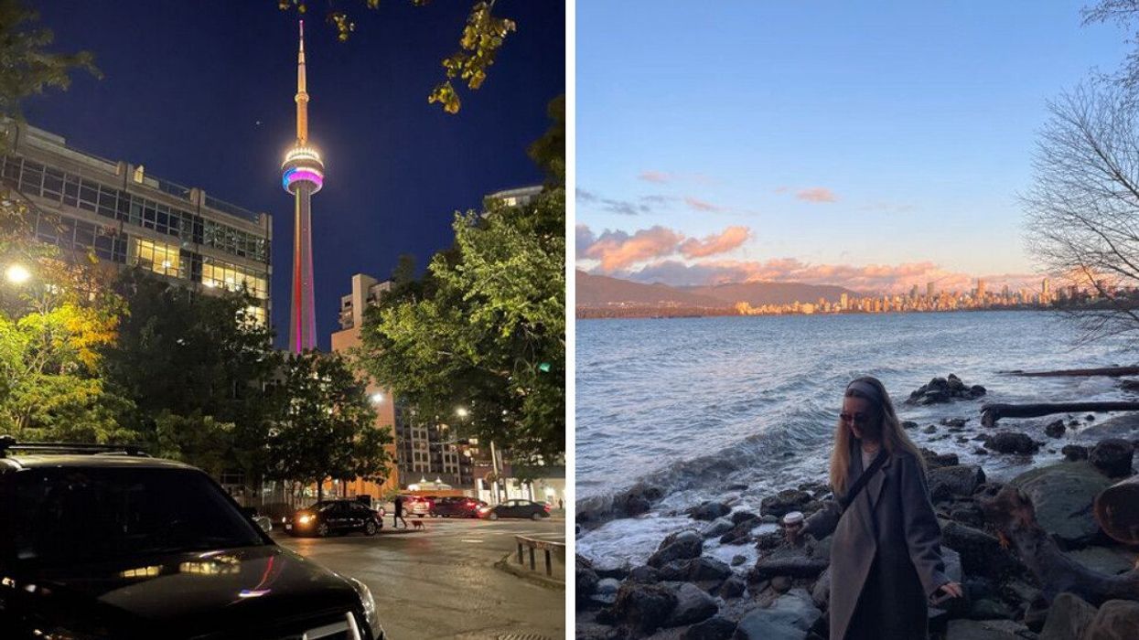 A city at night. Right: A person walking on the shoreline next to the ocean.