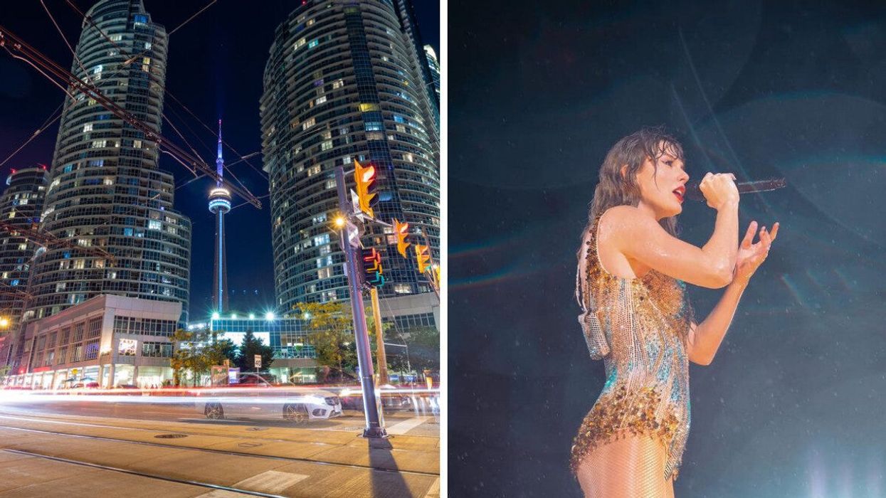 A city at night. Right: Taylor Swift singing.