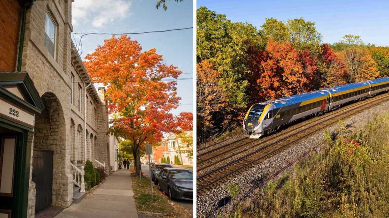 A city in Ontario in fall. Right: A train passes by fall colours.