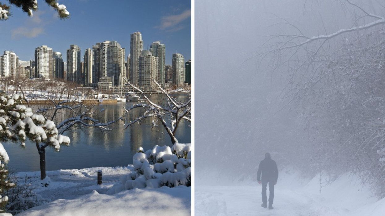 A city in the snow. Right: A whiteout blizzard.