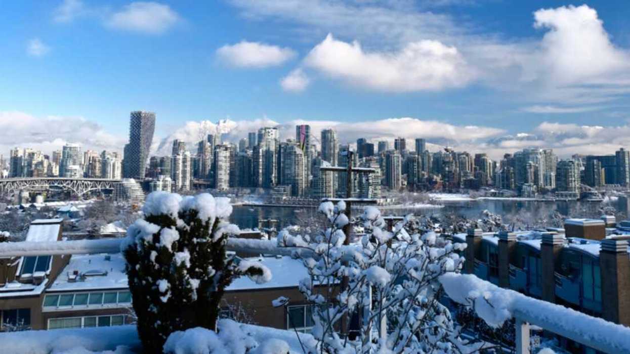 A city in the winter with snow.