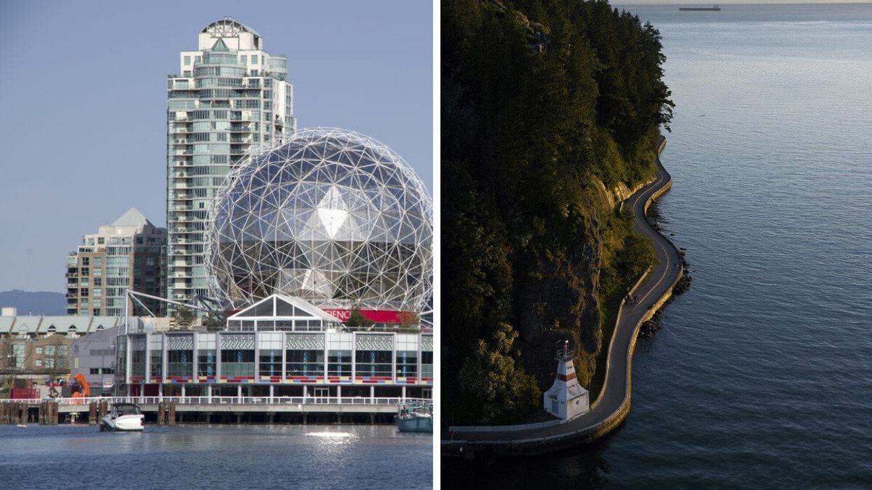 A city on the water. Right: A birds eye view of a waterfront trail.