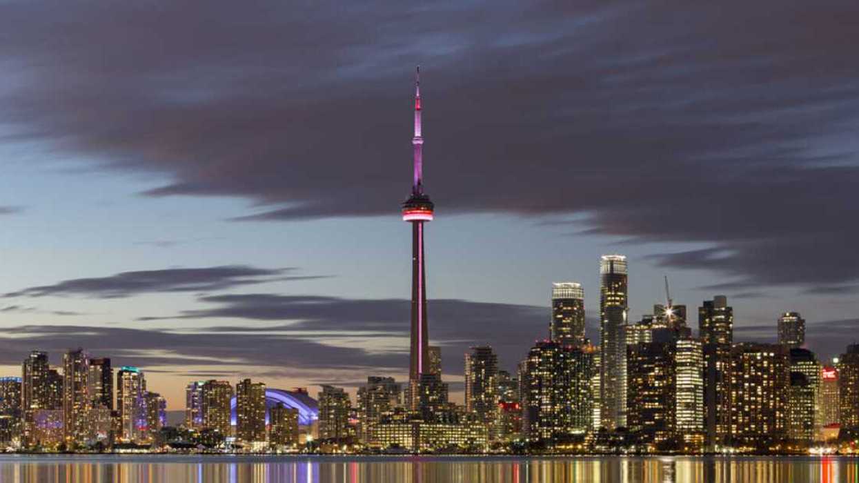 A city skyline at night.