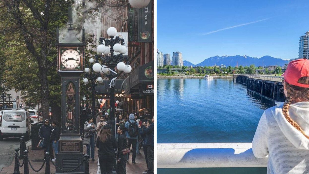 A city street. Right: Someone near the water with mountains as a backdrop.
