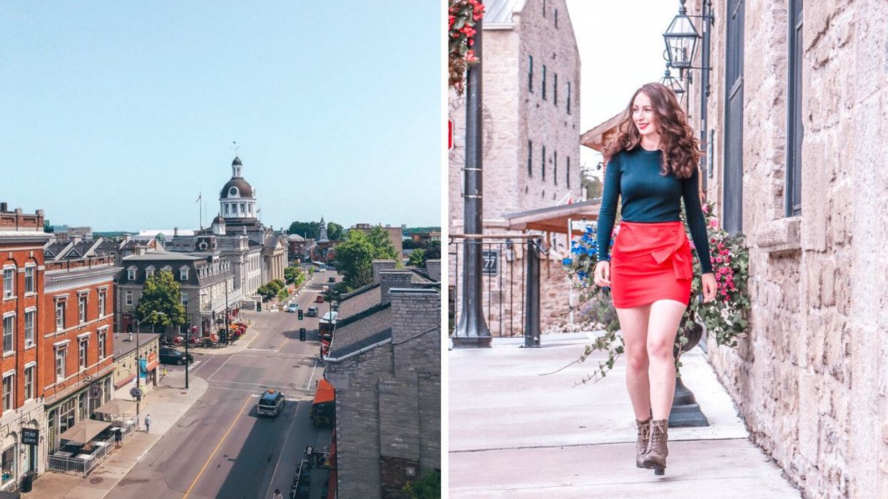 A city with historic buildings. Right: A person walking down a street.