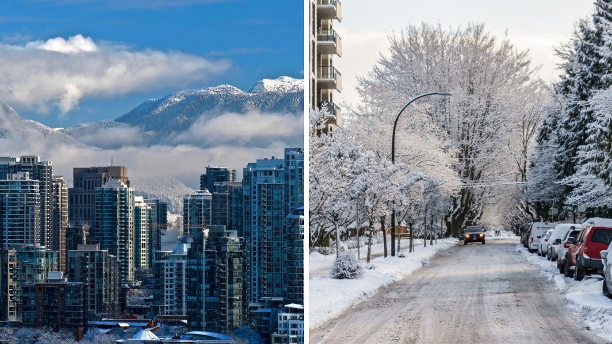 A city with mountains behind it. Right: A snowy city street with cars parks on the right side.