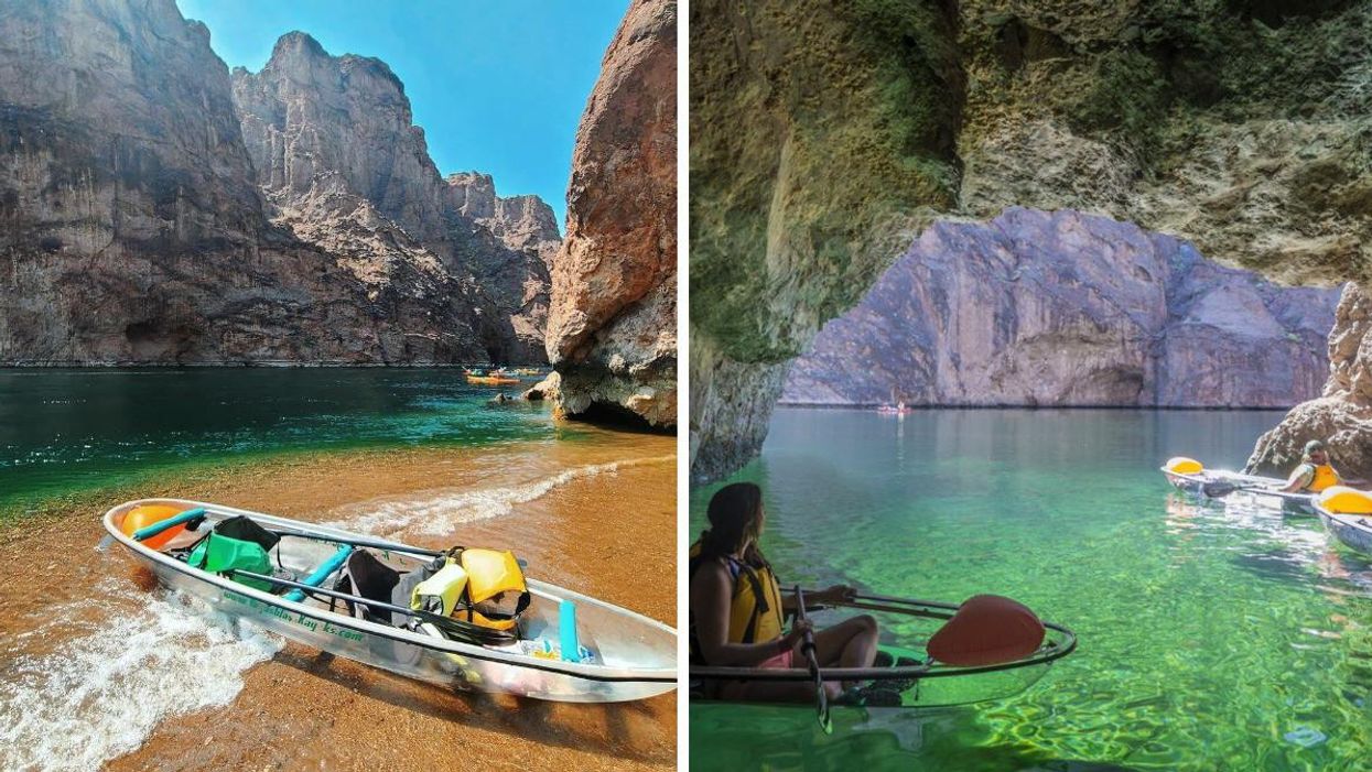 A clear kayak on a beach between rocky cliffs. Right: A woman kayaking in the Emerald Cave.