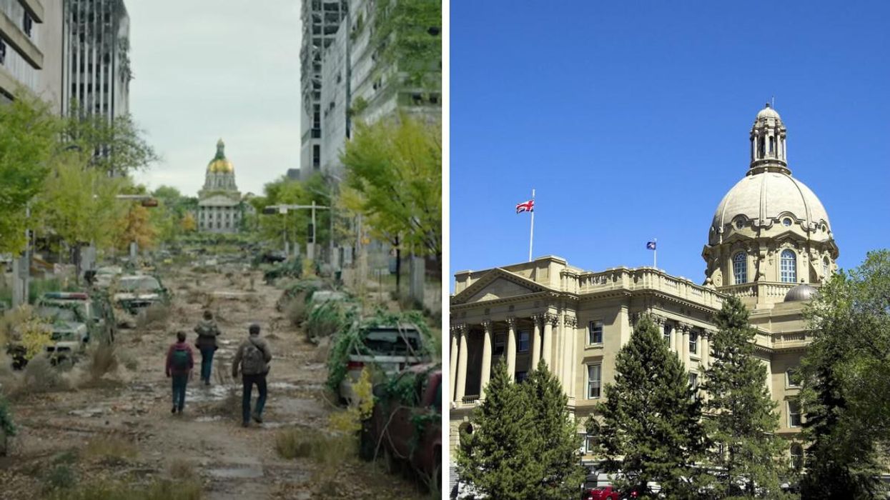 A clip from The Last Of Us. Right: The Alberta Legislature building.