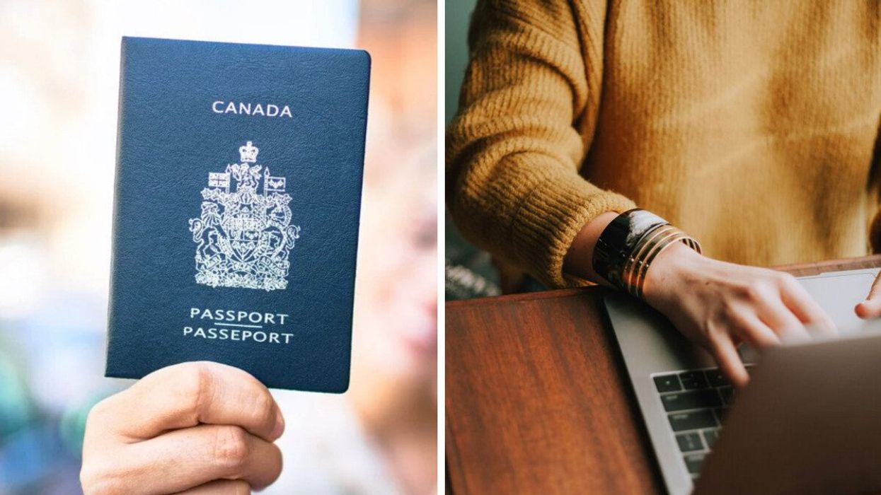 A close up of a Canadian passport. Right: A person types on a laptop.
