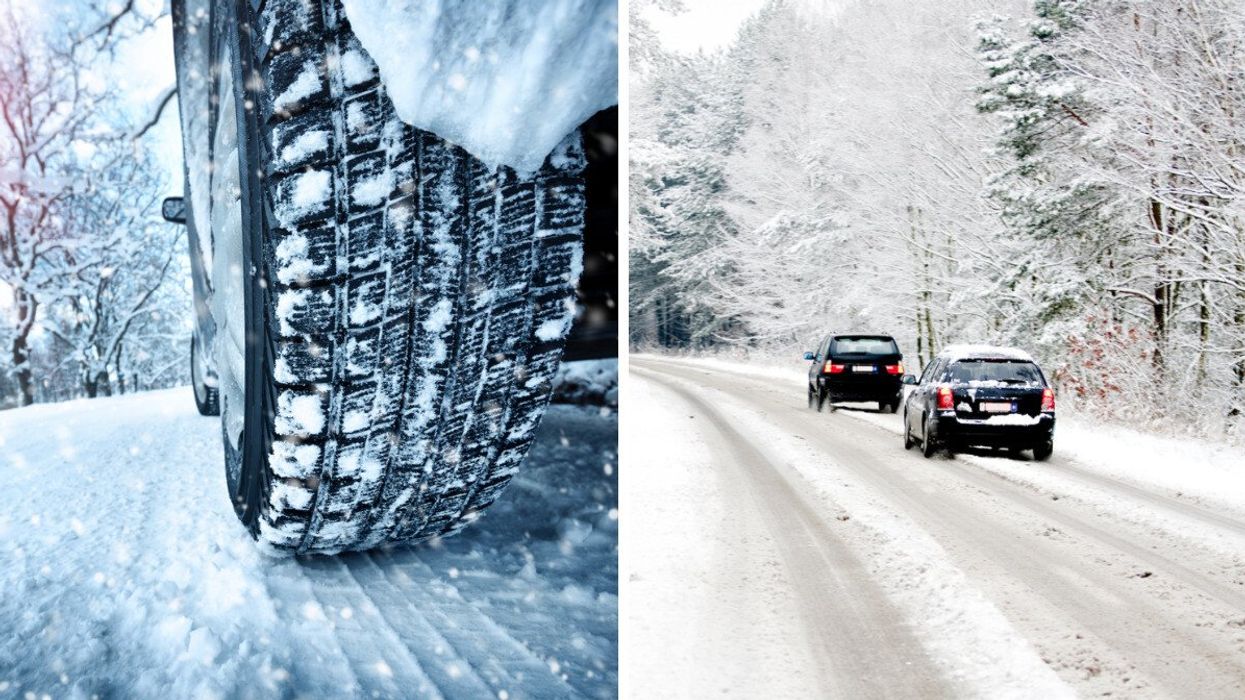 A close-up of a car tire covered in snow on a winter road. Right: Cars driving on a snow covered road in the winter.