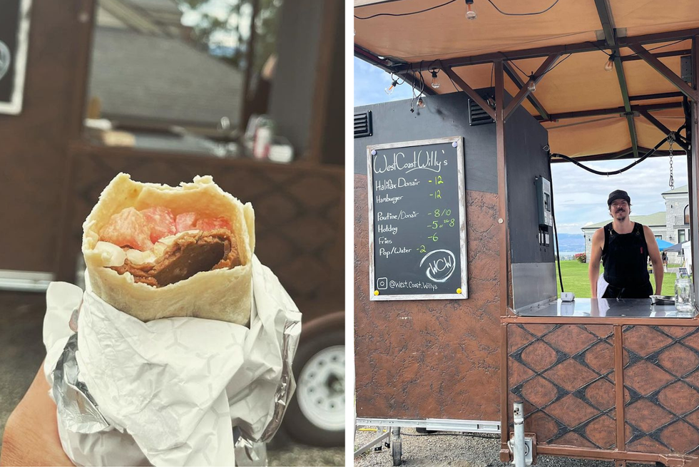 A close up of a hand holding a donair from West Coast Willys. Right: Owner, Alex Gillard, inside the West Coast Willys food truck wearing a black apron and smiling through the service window.