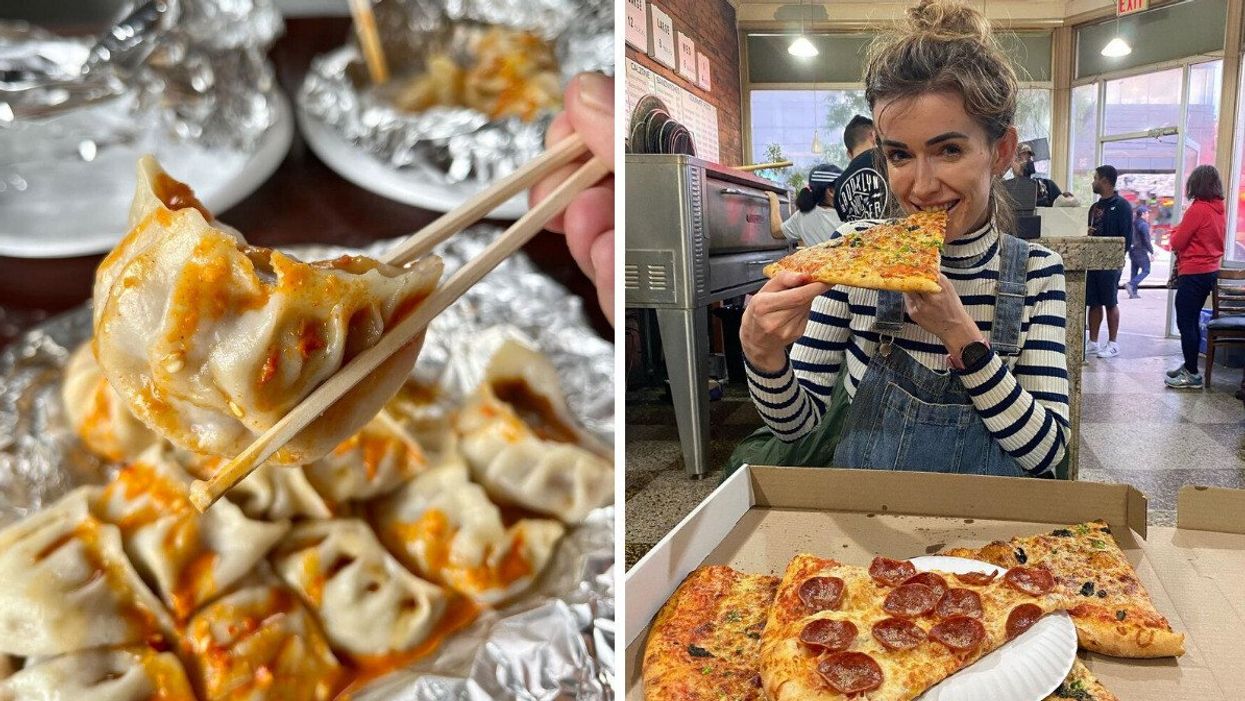 A close up of a pair of chopsticks holding a momo covered in orange sauce. Right: Someone biting a giant slice of pizza and smiling.