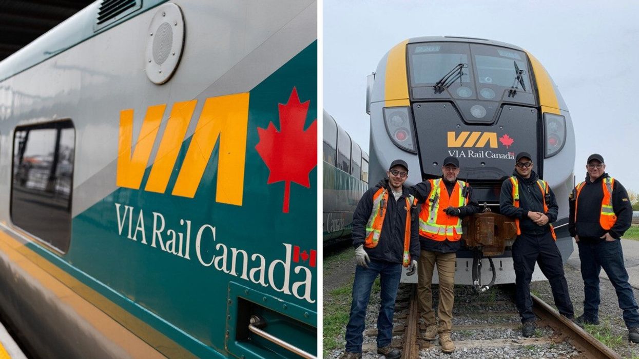 A close-up of a VIA Rail train showcasing the iconic logo. Right: Four VIA Rail workers wearing safety vests and caps stands in front of a VIA Rail train.