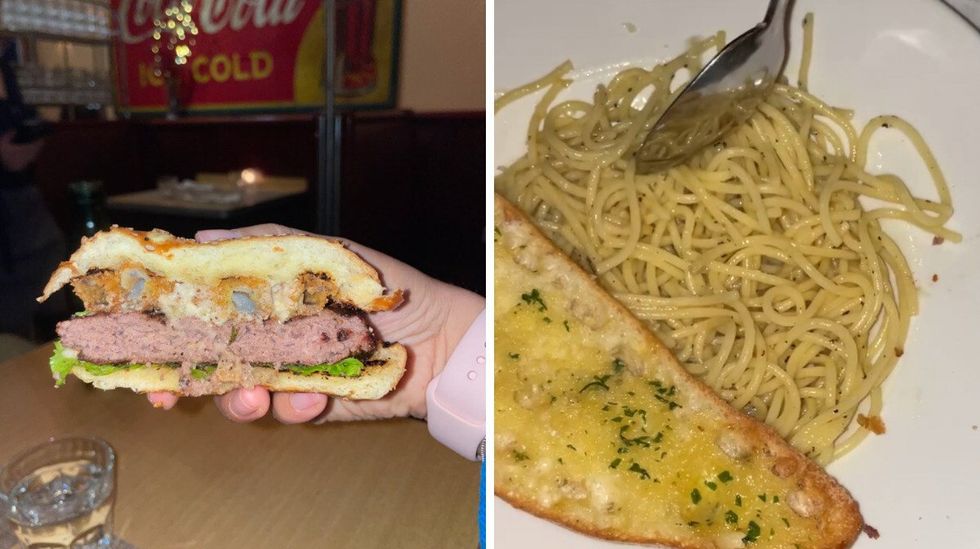 A close-up of the burger. Right: The Cacio E Pepe and garlic bread at The Senator.
