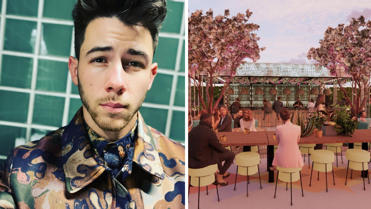 A close-up picture of Nick Jonas. Right: An illustration of what the Villa One Tequila garden could look like.