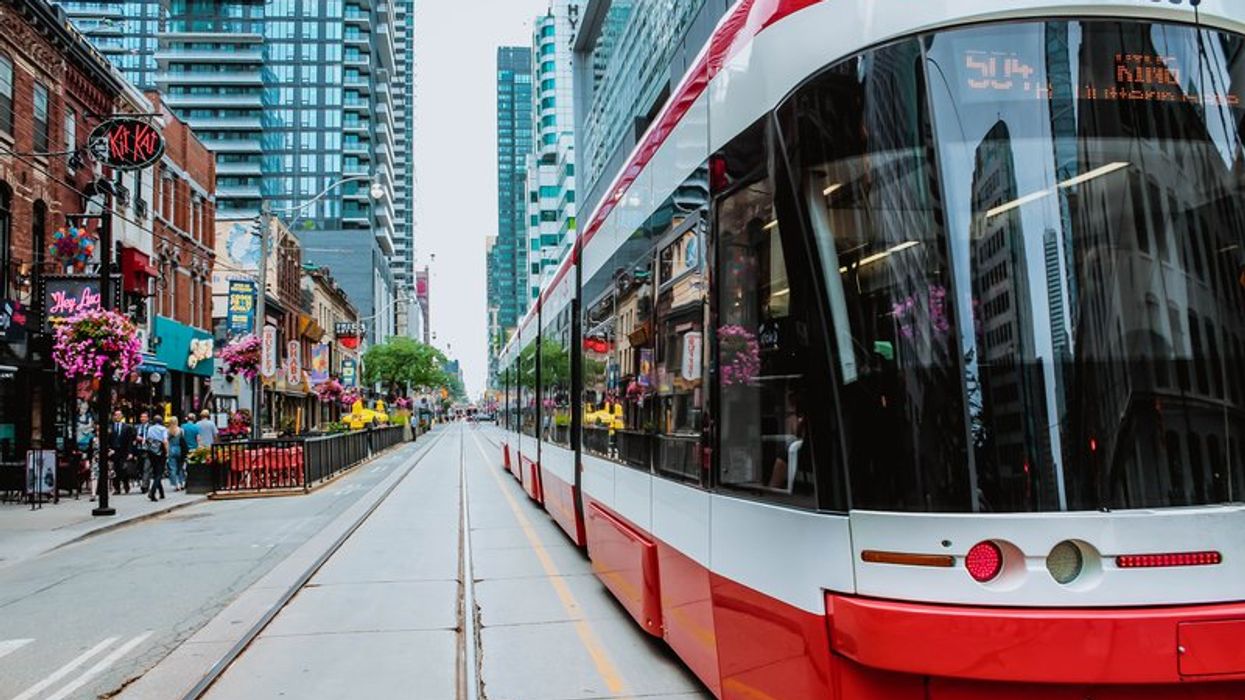 A close view of a TTC streetcar in downtown Toronto's entertainment district.
