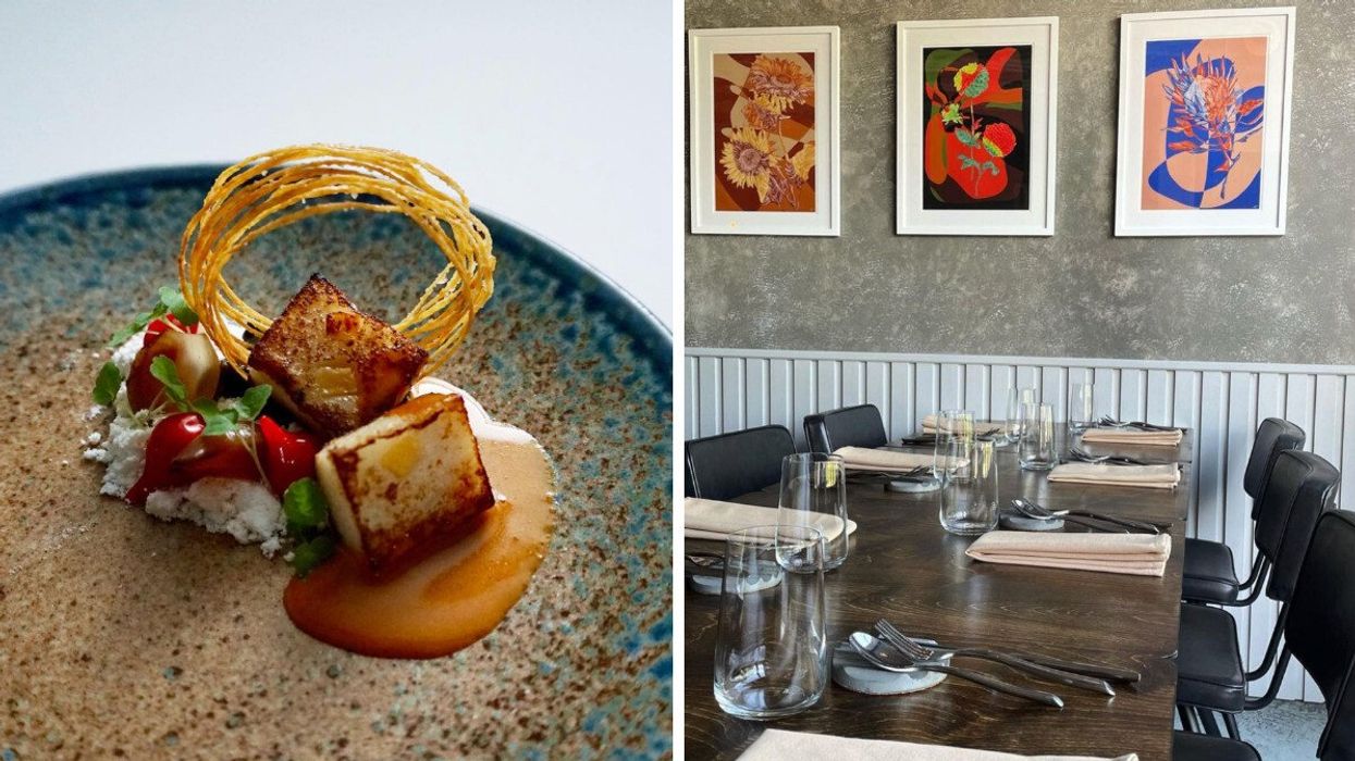 A closeup of an elaborate turnip dish. Right: A set table with artwork on the wall behind.