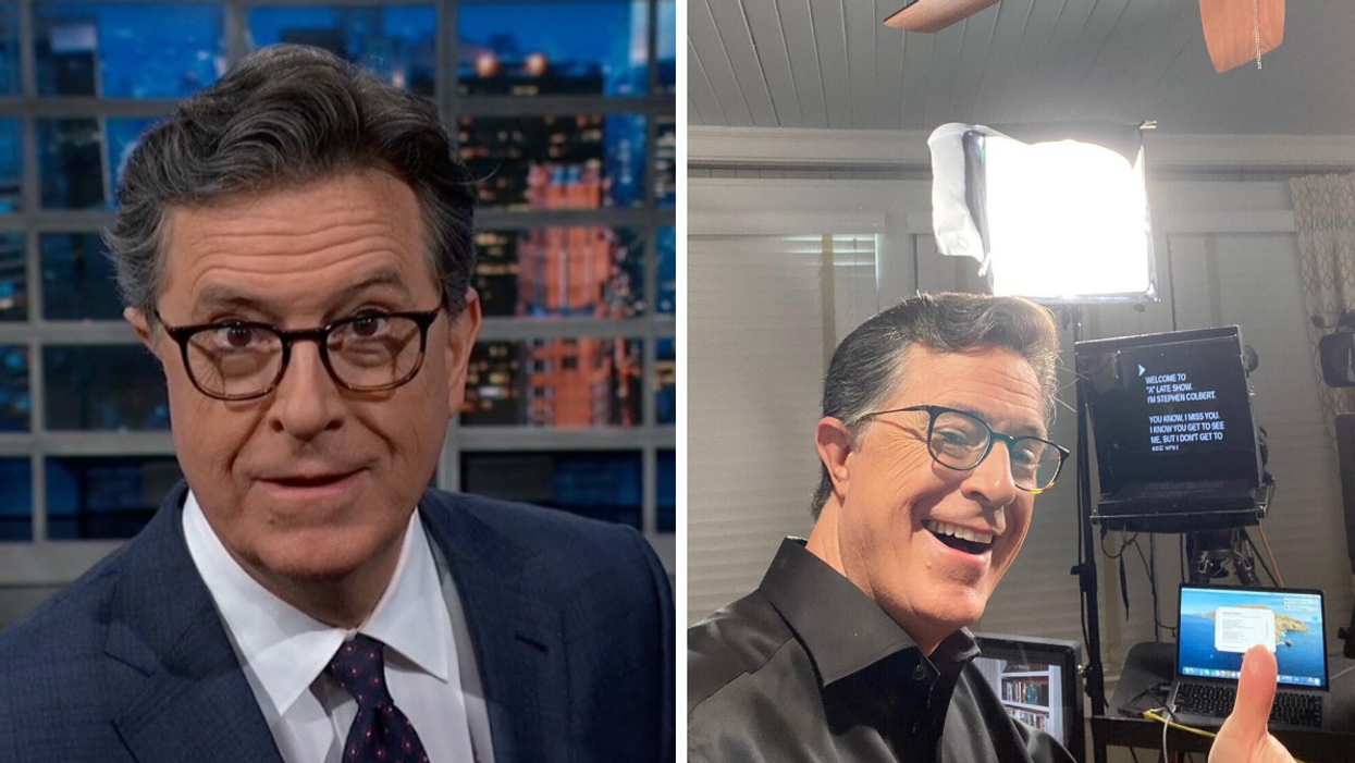 A closeup of Stephen Colbert on his "Late Show" show set. Right: Stephen Colbert working at home.