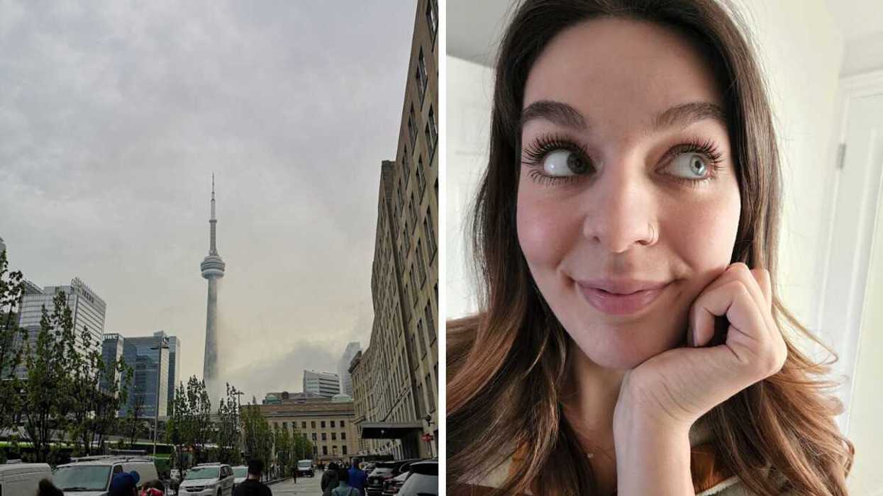 A cloudy toronto day. Right: A person smiling.