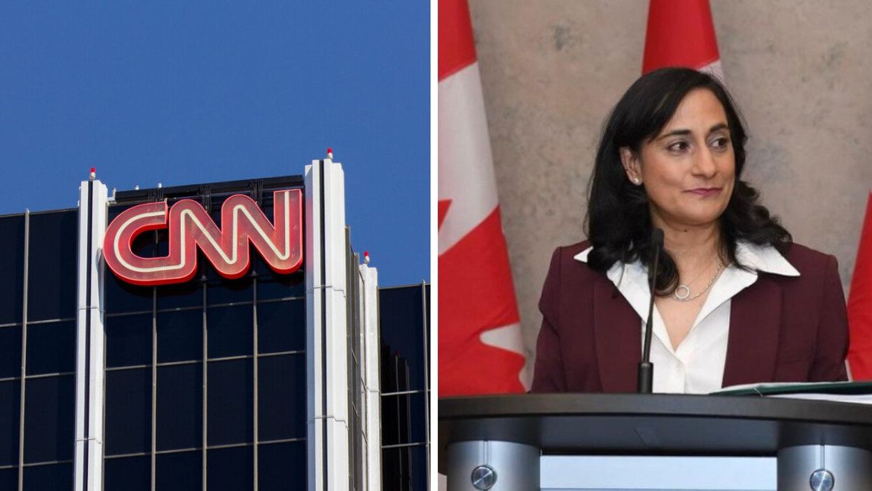 A CNN building. Right: Canada's Minister of Defence Anita Anand.