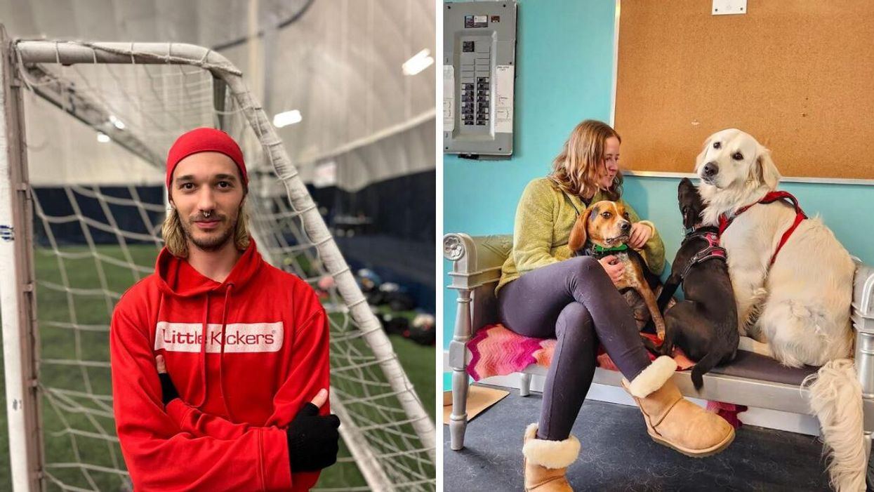 A coach at Little Kickers in Toronto. Right: A woman snuggling with some dogs