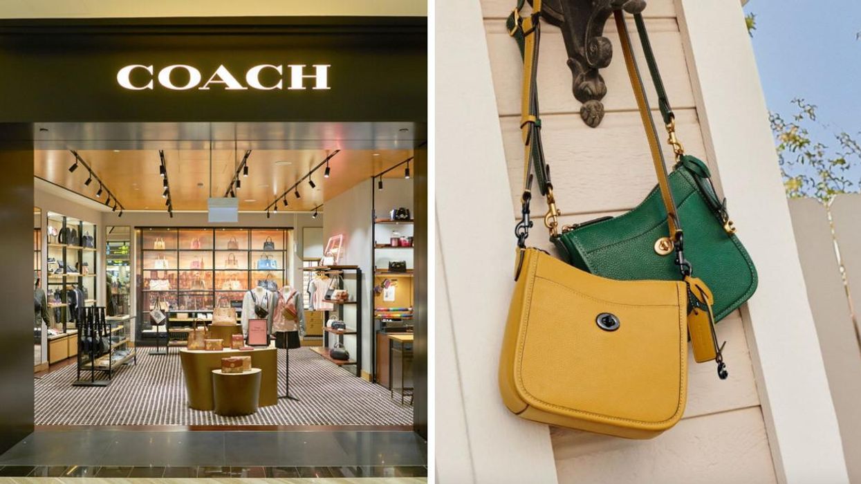 A Coach storefront. Right: Two Coach bags.