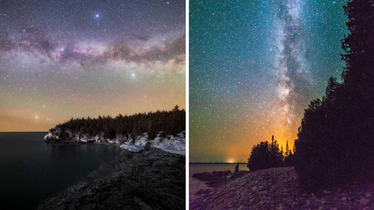 A coastline with starry skies.