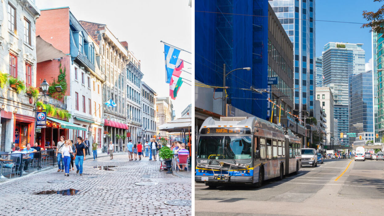 A cobbled street in Montreal. Right: A main street in Vancouver, B.C.