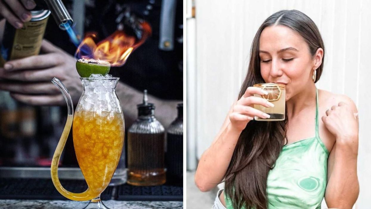 A cocktail at El Pequeño with a lime being torched. Right: A person drinking a cocktail at Civil Liberties.