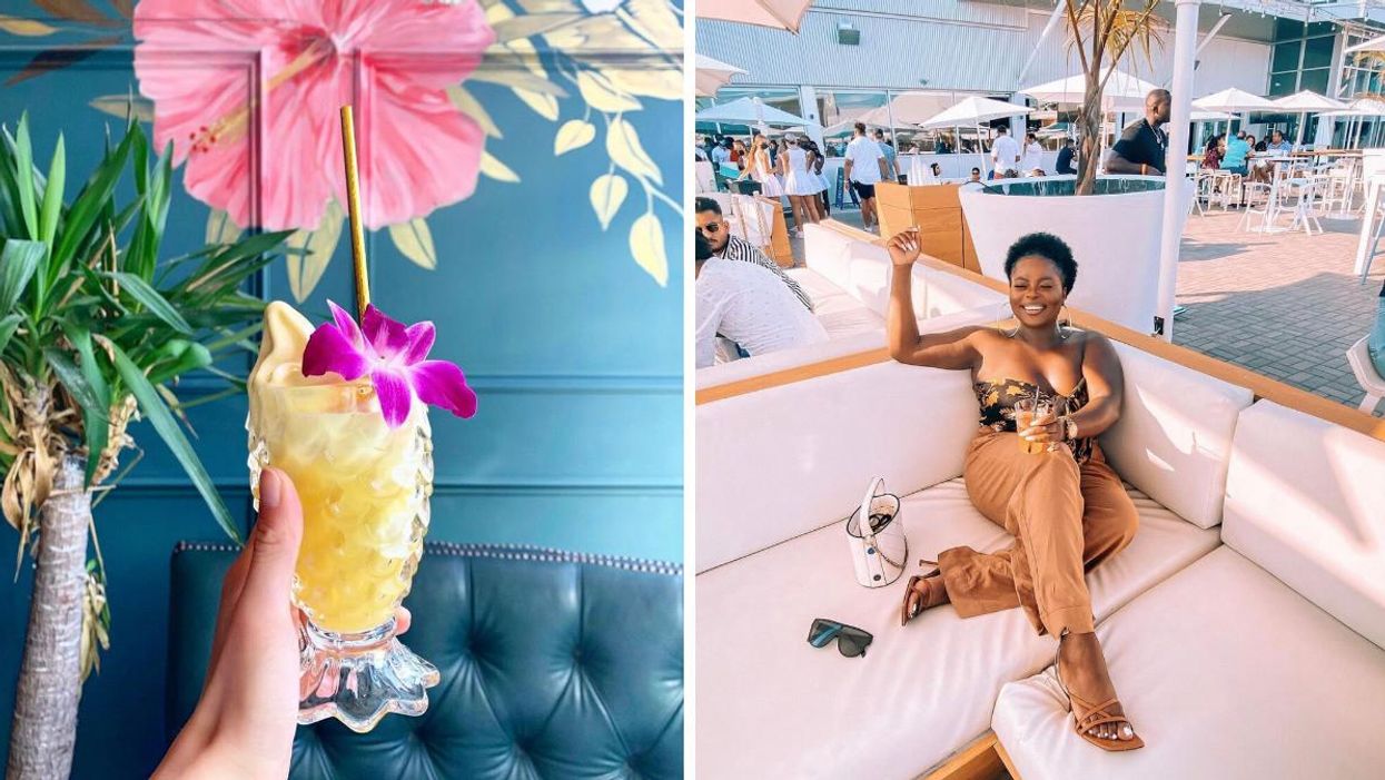 A cocktail at Miss Thing's in Toronto, Ontario. Right: A woman lying on a couch at Cabana Pool Bar in Toronto, Ontario.