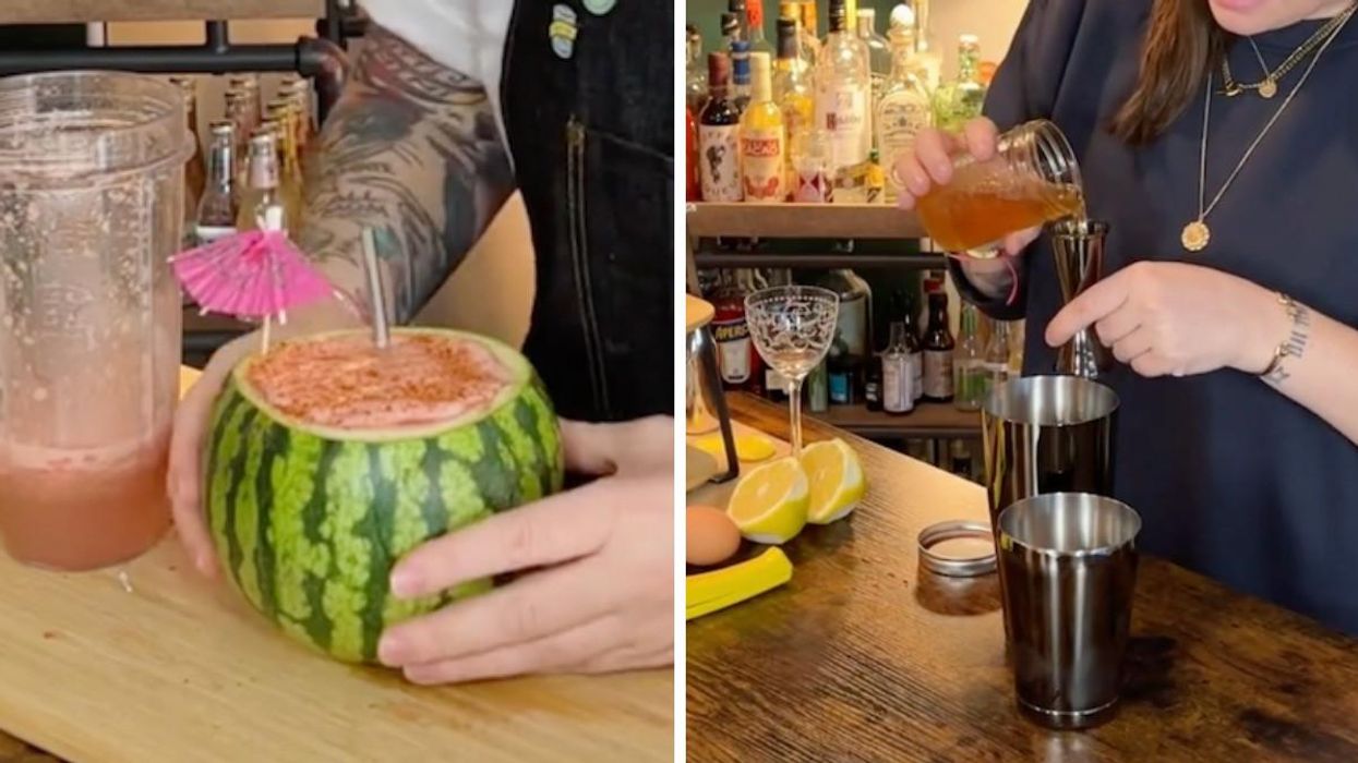 A cocktail in a mini watermelon. Right: Juice being measured into a jigger.
