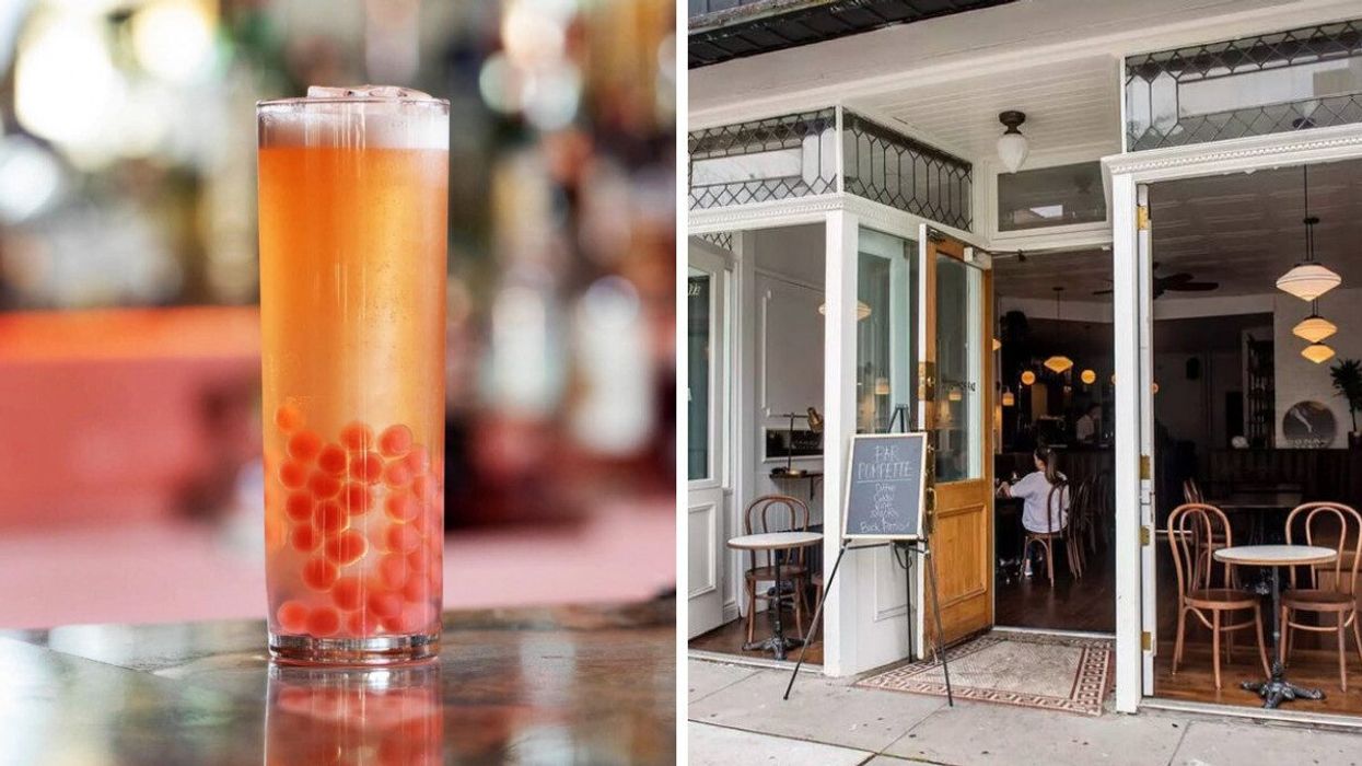A cocktail with bubbles. Right: The front of a bar.