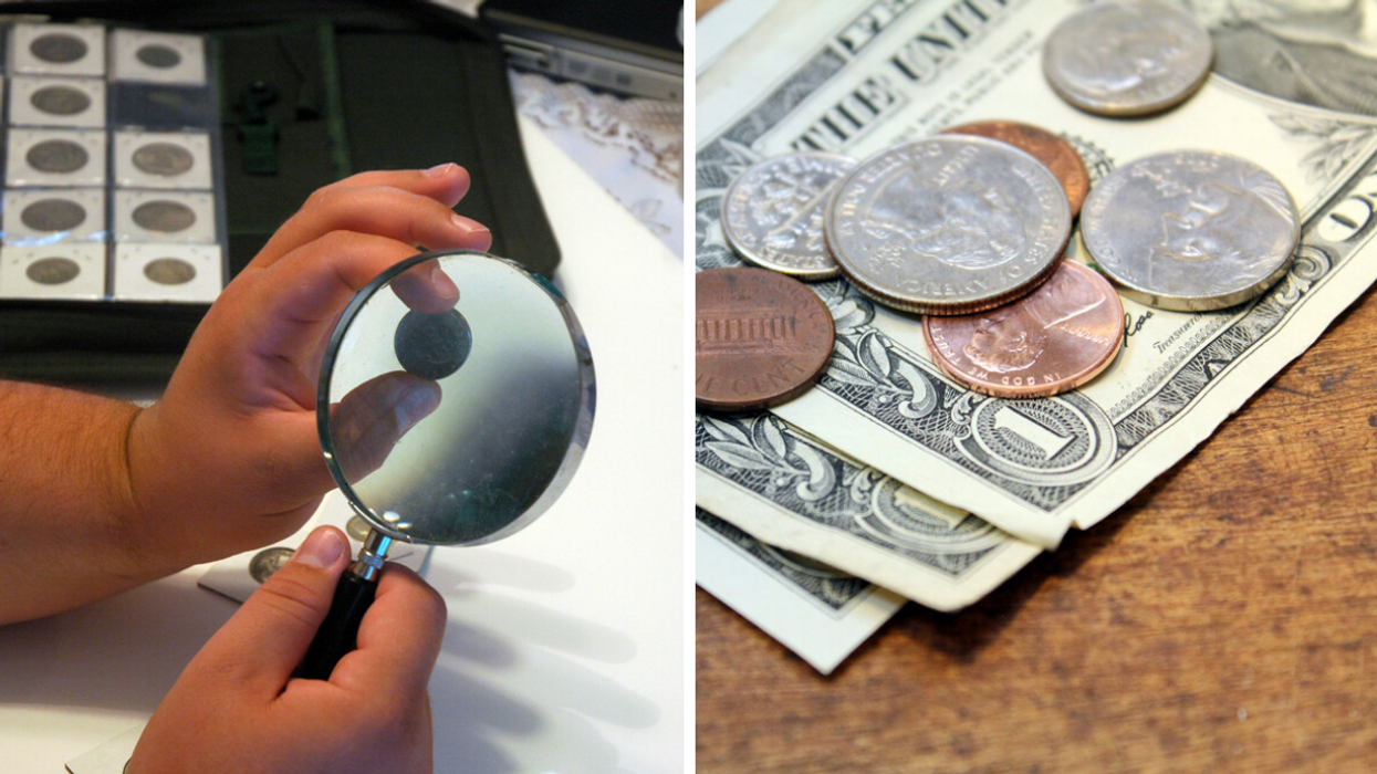 A coin collector looking at a rare coin. Right: American coins.
