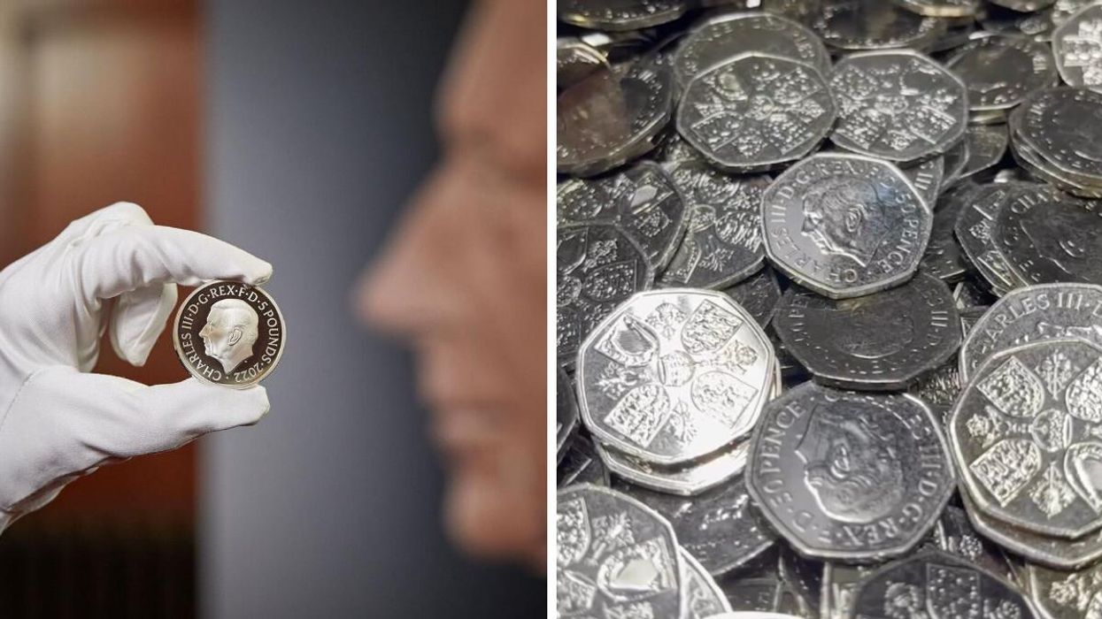 A coin portrait of King Charles III. Right: 50-pence coins featuring King Charles III.