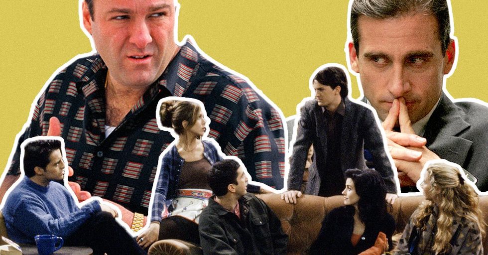 A collage featuring characters from the TV shows 'Friends,' 'The Sopranos,' and 'The Office' against a yellow background.