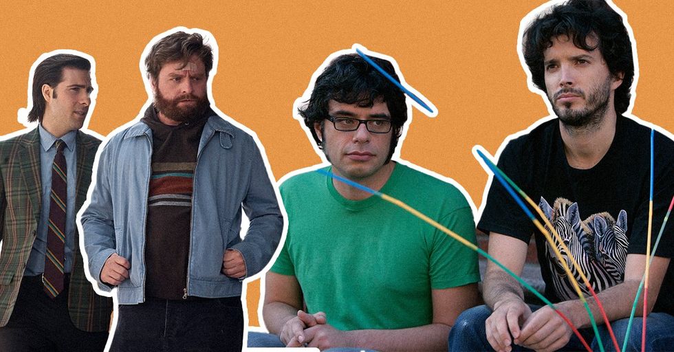 A collage featuring images from the TV shows 'Bored to Death' and 'Flight of the Conchords' against an orange background.