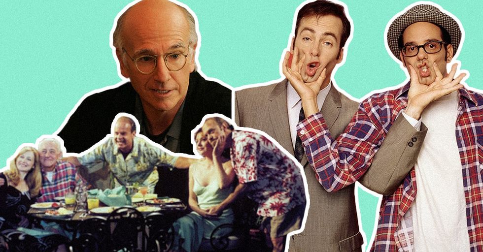 A collage featuring images from the TV shows 'Frasier,' 'Mr.Show,' and 'Curb Your Enthusiasm' against a light green background.