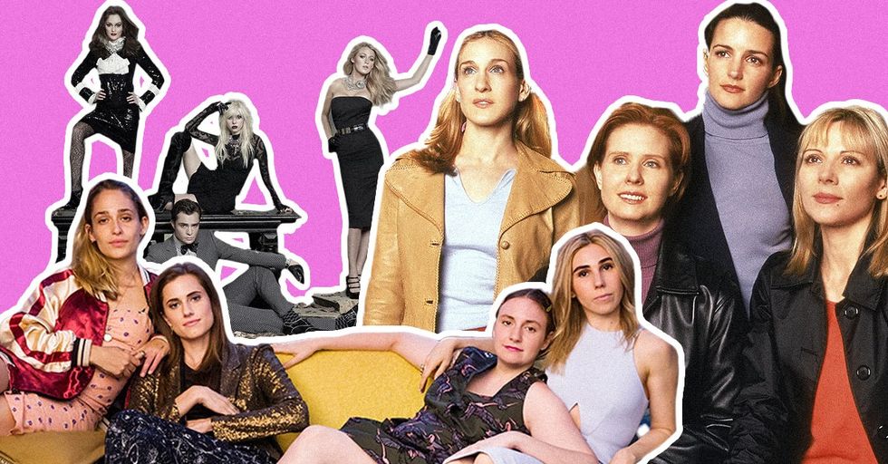 A collage featuring images from the TV shows 'Girls,' 'Gossip Girl,' and 'Sex and the City' against a pink background.