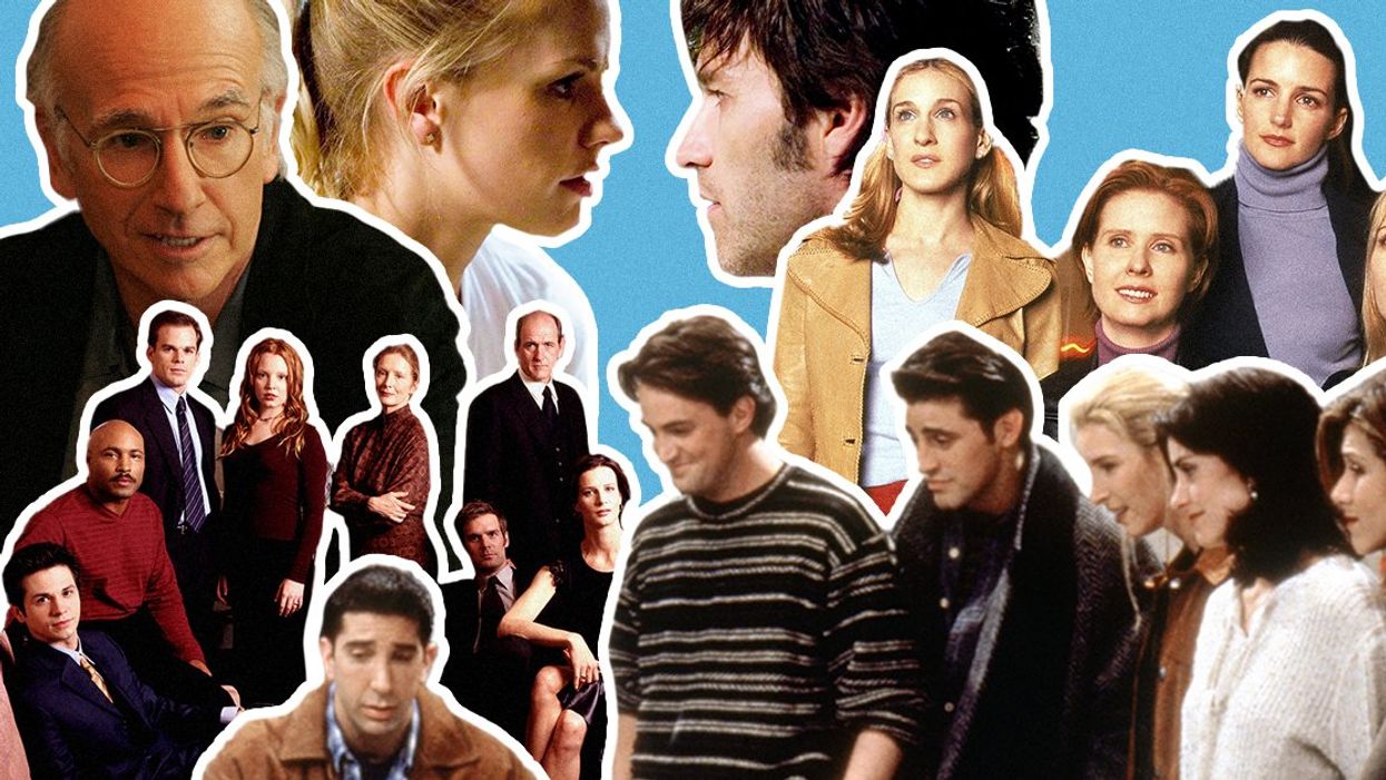 A collage featuring images from the TV shows 'Six Feet Under,' 'Friends,' 'Sex and the City,' 'True Blood,' and 'Curb Your Enthusiasm' against a blue background.