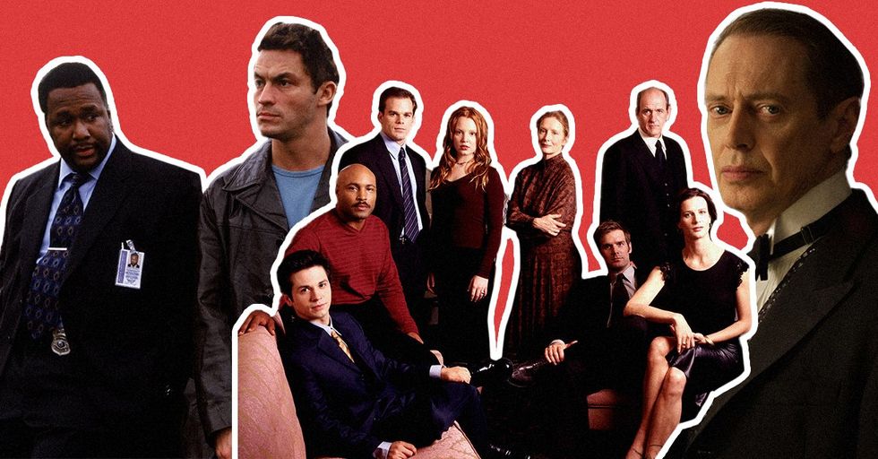 A collage featuring images from the TV shows 'Six Feet Under,' 'The Wire,' and 'Boardwalk Empire' against a red background.